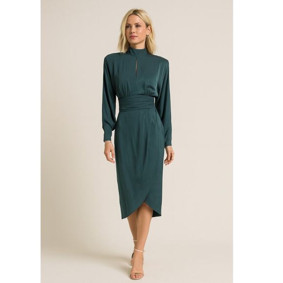 Rebecca Vallance Satin Mock Neck Midi Dress 2 Green NWT - Picture 1 of 10